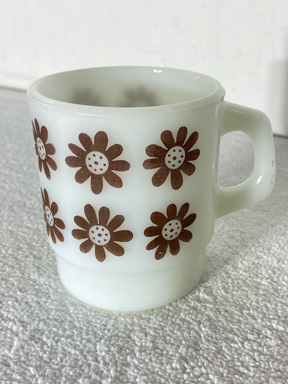 Vintage MCM Milk Glass Brown Daisy Coffee Mug Stacking Ovenproof Flower Power